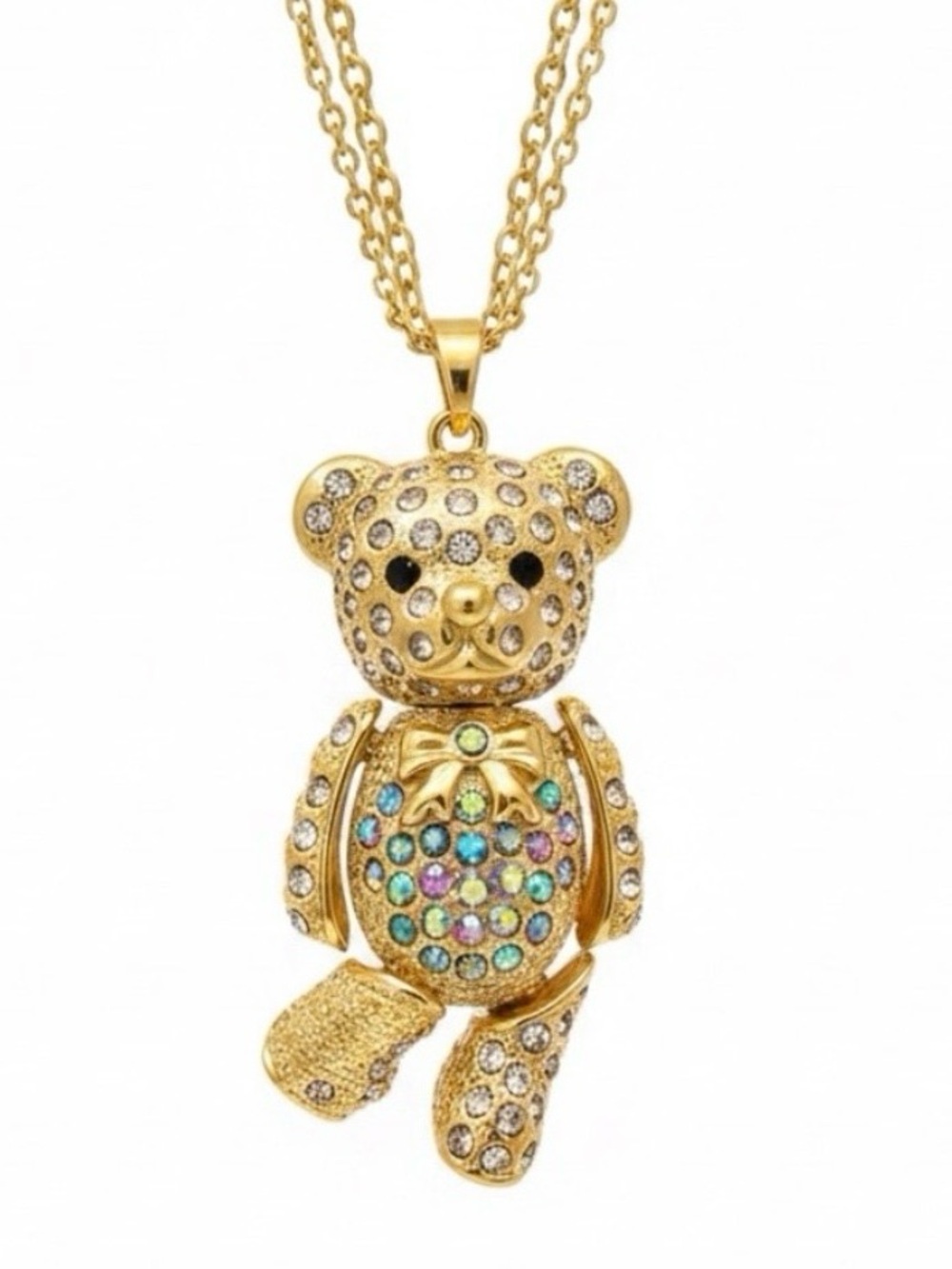 Betsey Johnson Gold Teddy Bear Necklace with Multicolor Crystals